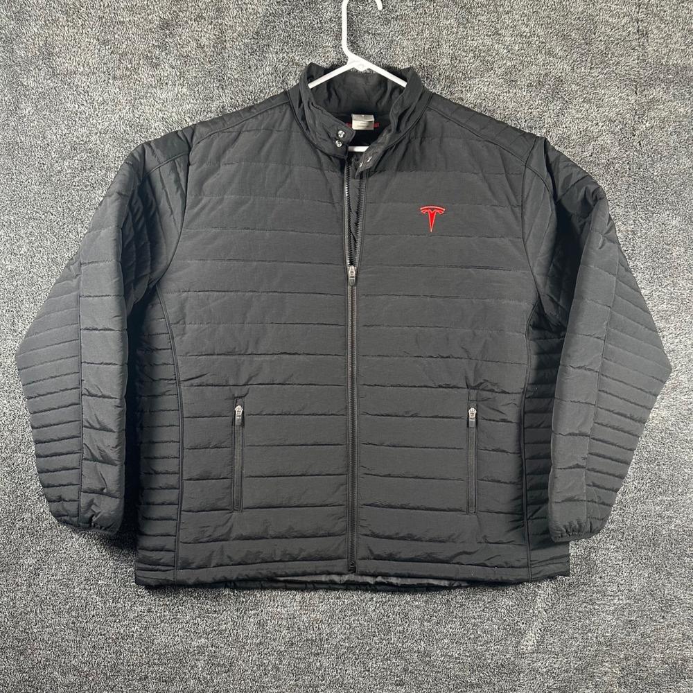 Tesla Puffer Jacket Mens XL Black Embroidered Logo Full Zip Nylon Coat TSL7861